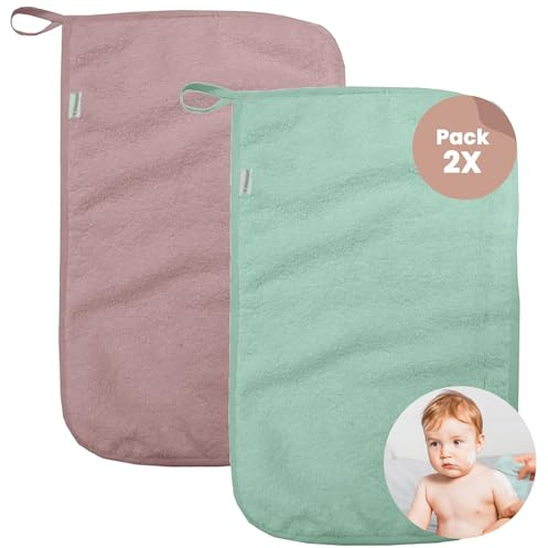 MIMUSELINA Set 2 Asciugamani Asilo Bambina e Bambino in Cotone di Spugna Assorbente - Asciugamani Bambini Asilo Riutilizzabili in Cotone 35 x 23 cm con Grammatura di 450 gr (Menta/Rosa)