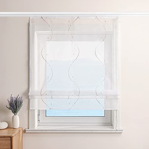 ESLIR Raffrollo Weiß Raffgardine mit Klettband Gardinen Küche Transparent Bändchenrollo Voile Bestickt mit Wellen Muster Sand BxH 120x140cm 1 Stück
