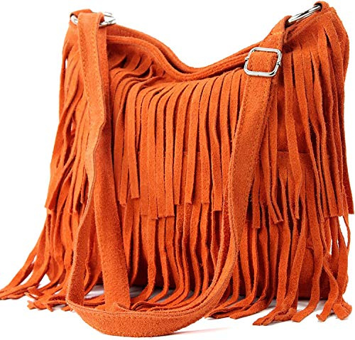 Womens Italian Real Suede Leather Fringe Tassel Shoulder Handbag Cross Body Messenger Side Bag For Ladies (Orange)