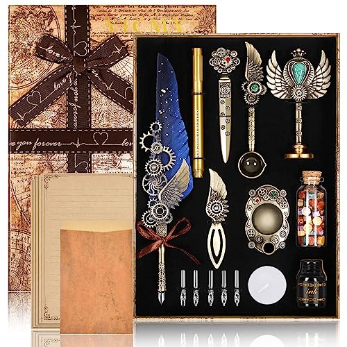 YICMY Kalligraphie Set, Schreibfeder Kaligraphiestifte Set Vintage Federstift Tinte Set mit 8 Briefpapier, Antique Stationery Gift for Handwriting Lover
