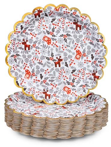 Assiettes en Papier de Noël, 50 assiettes jetables pour dîner de Noël, or festonné, fournitures de fête