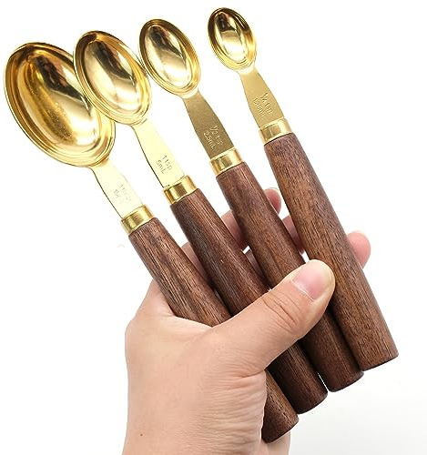 YAXIDAEVER 4 pcs Cuillères à Mesurer En Acier Inoxydable Avec Manche En Bois, Cuillère doseuse en acier inoxydable Pour la cuisson, la pâtisserie et l'assaisonnement