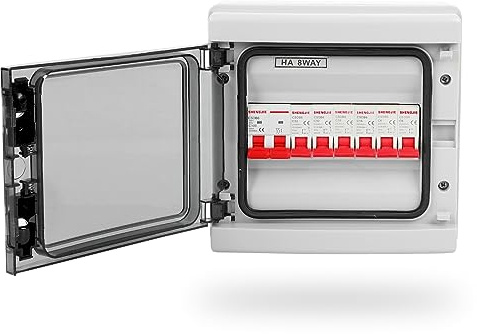blodfune 8 Way Consumer Unit, IP65 Waterproof Good Conductivity Flame-Retardant, ABS Consumer 2P 100A Main Switch with 6 MCBs Consumer Unit Circuit Breaker Box for Garage Shed Caravan Grey