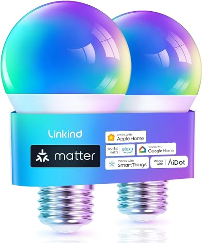 Linkind Matter Smart RGBTW Glühbirne, E27 Lampe Alexa, 45 Szenen & Musiksync, 16 Mio. Farben, Matter über 2.4GHz WiFi, A60 LED Birne kompatibel mit Apple Home/Siri/SmartThings/Google Home, 2 Stück