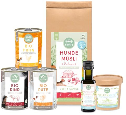 naftie Bio Welpenfutter Starterset zum Mischen - Hundefutter | Premium Mix für Welpen: Bio-Reinfleischdosen, Bio-Flocken & Bio-Öl, regional, getreidefrei, glutenfrei