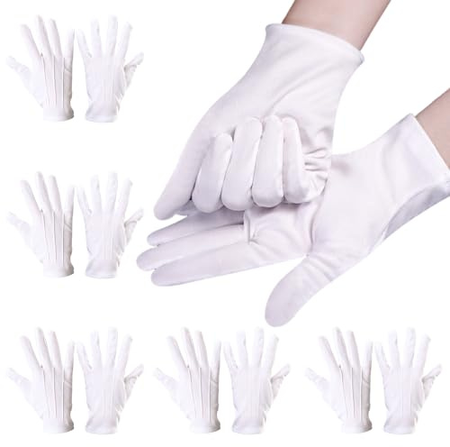 OMJMYY Weiße Handschuhe, 6 Paar, für Damen und Herren | Atmungsaktiv, Weich und flexibel, Schweißfeste, Nylon Handschuhe, für Hochzeitskleid-Handhabung, Festkleidung und Schmuck