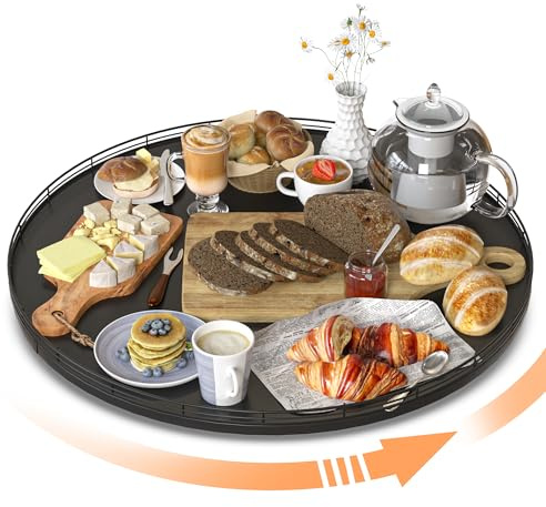 Oroyutor 21-Inch Extra Large Oak Lazy Susan with Black Metal Rail | Rotating oak tray organizes spices, toiletries and decor on kitchen counters, bathroom vanities, dining and coffee tables.