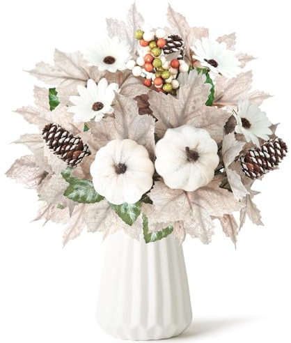 Miaikoe 2PCS Artificial Flower Decoration Maple Leaf Stem Pumpkin Branch Sunflower Berries Flower for Fall Thanksgiving Home Holiday Festival Decoration (White)