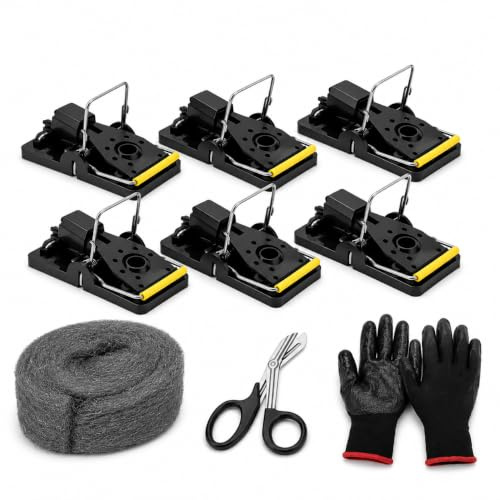 6 Mouse Traps with Bonus Steel Wool, Scissors and Gloves. Indoor & Outdoor Use, Quick Kill, Sensitive Rodent Catcher, Pest Control Prevention, Washable. UK Seller Mamax