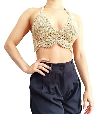 NORDESTINA Crop Top Crochet Mujer Hecho a Mano en España, Top de Ganchillo 100% Algodón Sin Relleno con Cordones Ajustables, Bralette Boho para Verano, Playa y Festival