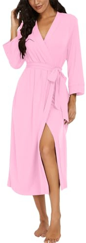 PrinStory Damen Bademantel Leichter 3/4 Ärmeln Morgenmantel V-Ausschnitt Kimono Roben Langes Nachtwäsche