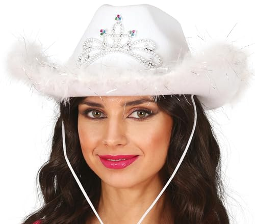 FIESTAS GUIRCA | Vit cowboyhatt med boa (en storlek) – cowgirlhatt för möhippor, temaevenemang och fester – maskeradtillbehör för kvinnor – vit
