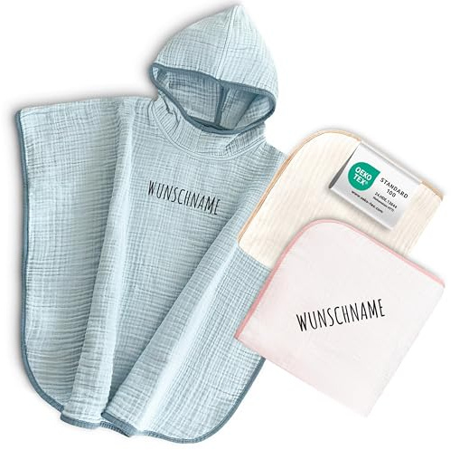 my STITCHERY Badeponcho Kinder mit Namen Bestickt, Oeko-TEX® Standard 100 - Personalisiertes Kapuzenhandtuch aus weichem Musselin mit gesticktem Namen (Blaugrau)