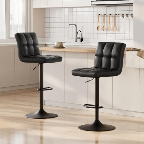 bigzzia Set di 2 sgabelli da bar girevoli in pelle sintetica regolabili in altezza con schienale per colazione, bancone, cucina e casa, colore: nero