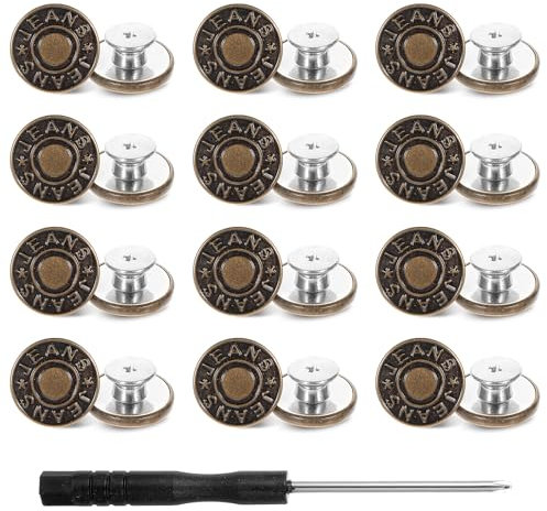 12 Sets Buttons for Jeans, Jean Button Replacement Adjustable No Sew Metal Buttons Removable Press Studs Repair Kit with Threads Rivets and Screwdriver for Loose Jeans Pants Jackets, 17mm
