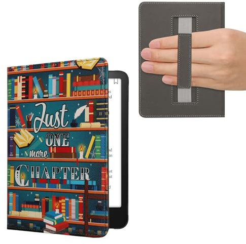 kwmobile Schutzhülle für Amazon Kindle Paperwhite (2024)/Colorsoft Hülle - eReader Flip Case mit Handschlaufe und Auto Sleep Funktion - Bibliothek Motto mit Mehrfarbig