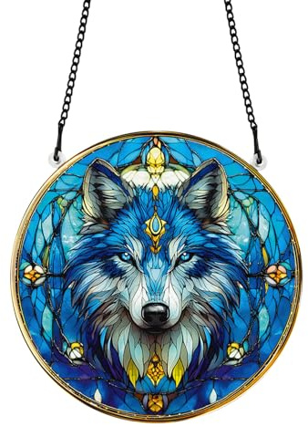 PLIGREAT Painted Wolf Head Stained Suncatcher Window Wall Art Hanging Ornament Colorful Acrylic Light Catcher Art Crafts for for Garden Bedroon Home Indoor Outdoor Hanging Decor Men Gift
