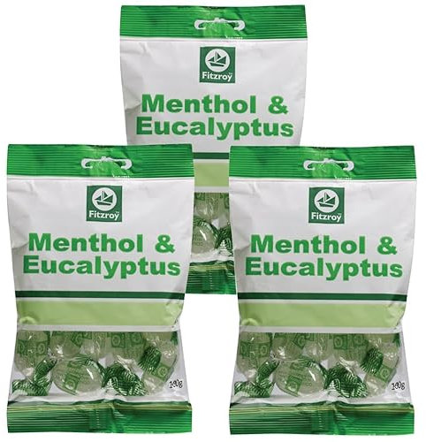 Fitzroy Menthol & Eucalyptus Sweets 3 x 100g | Cough Sweets, Sore Throat Relief, Sinus Relief | Sore Throat Lozenges, Menthol Sweets | Hard Boiled Sweets, Hard Candy, Retro Sweets | Vegan Sweets