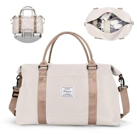 SZLX Travel Duffel Bag, 29L Weekend Bag with Trolley Sleeve, Dry & Wet Seperated Sports Gym Bag Waterproof Carry On Bag for Women Men Weekender Tote Hospital Cabin Bag Beige Brown