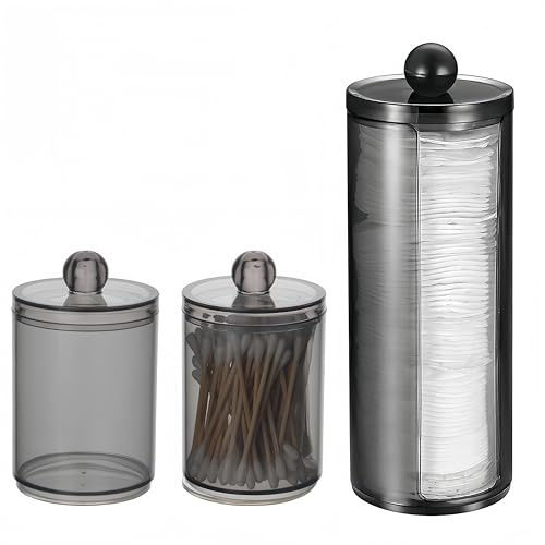 MIEGUIWOR 3 Wattepadspender aus PET,Ideal für Wattestäbchen Behälter,Wattepads Aufbewahrung,Ordnung für Kosmetik,Make-up,Q-Tips,Perfekt für Bad,Schlafzimmer,Schminktisch (schwarz,C)