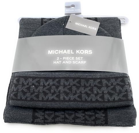 Michael Kors SET Schal&Mütze I Herren I Winterschal I Beanie I Wollschal I Wintermütze I One Size I Weiche Acrylwolle I Logo I Hat and Scarf Men I GRAU 8676