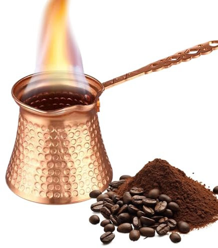 Rame più spesso, turco, greco, arabo, caffettiera, inciso, fornello, turca, Cezve Ibrik Briki con manico e cucchiaio in legno, CRYSTALIA grande caffettiera turca in rame 425 ml Premi