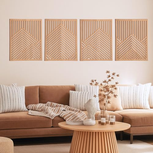 Wesiti 4 Pcs Wooden Mountain Wall Art Decor Large Abstract Wall Art for Living Room Modern Wood Panel Line Sculptures Nature Rustic Forest Hanging Decor for Office Bedroom Bathroom 15.7 x 12.2''