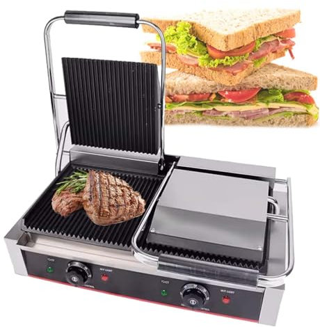 Commercial Panini Press Sandwich Maker Machine - 180° Foldable Electric Contact Grill - for Beginners and Professionals Alike - Countertop Griddler, 50°C–300°C,19x9Grooved