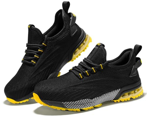 SPIEZ Composite Toe Shoes for Men Women, Lightweight Breathable Non Steel Toe Safety Shoes, Puncture Proof Slip Resistant Work Sneakers for Construction,Warehouse,Black Blue/Black Yellow US5-12
