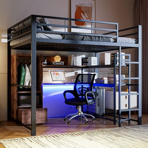 Kinderbett Etagenbett 140x200, LED Hochbett Metallbett mit Schreibtisch, offene Ablagefächer, Schublade, 3 Regalen, Doppelbett Jugendbett Funktionsbett mit Rausfallschutz&Leiter, Ohne Matratze,Schwarz