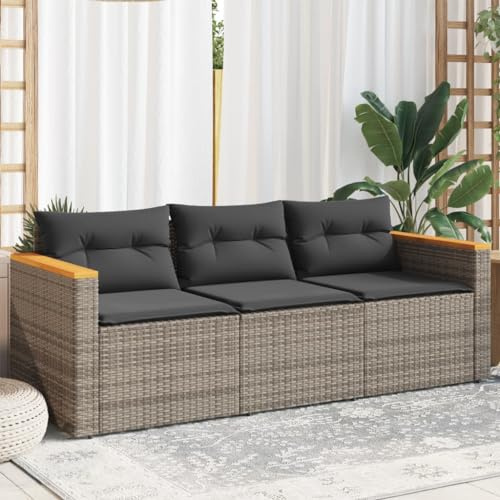 Refined Gartensofa 3-Sitzer, Loungesofa Sofa mit mit Kissen, Sitzgruppe Stahlrahmen, Gartenmöbel Lounge Rattanmöbel (Grau)