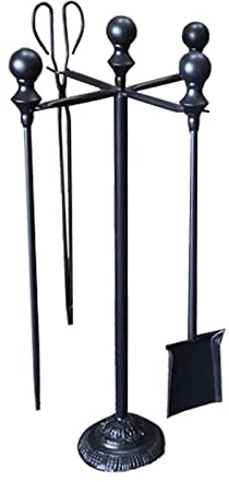 Juego de 5 Herramientas para Chimenea con Soporte, Pala, Cepillo, atizador y Pinzas para Exteriores e Interiores, de Metal Resistente, Color Negro y Dorado.