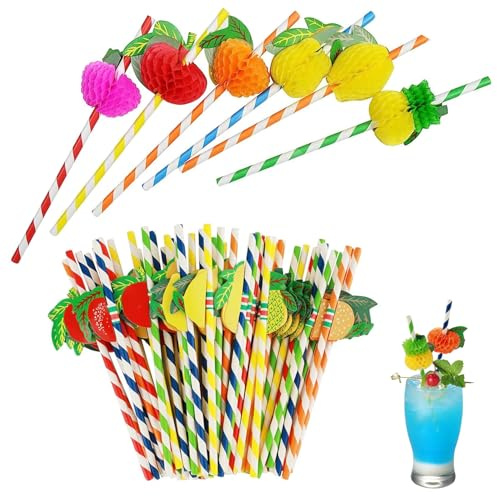60 Vibrant Cocktail Straws - Tropical Themed Paper Straws for Summer Parties, Hawaiian Luau Decorations, and Refreshing Beverages