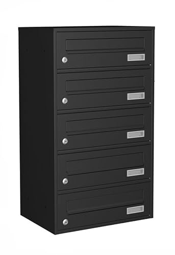 ALSTEN TECH Wandbriefkasten 5-er Briefkastenanlage RAL9017 Schwarz | Postkastenanlage mit 5 Fächern aus verzinktem Stahl, pulverbeschichtet Wandmontage Innen und Außen, für Büro und Zuhause