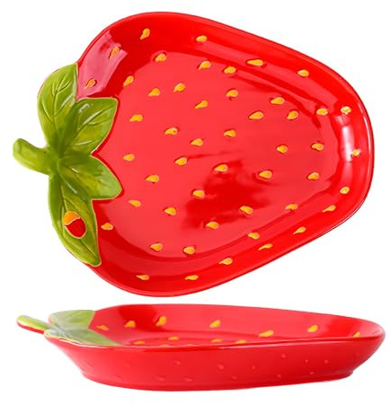 CompadreBol Keramik Essteller, 23 cm/9 Zoll Keramikteller, Obst, Salat, Dessert, Pasta und Steakteller, mikrowellen und ofenfest (Erdbeer Design)