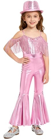 Jugaoge Flicka smal passform jumpsuit ärmlös lack läder overall stretch koppel med hatt disco hippie body med långa byxor Bell Bottom byxor, Rosa A, 110-116