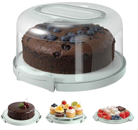 Plastic Cake Box with Lid, Portable Round Cake Container for 10 Inch Cake, Plastic Cake Containers with Collapsible Handle, Lid and Two Sided Base for Cookies, Nuts, Portable Cake Storage and Fruit