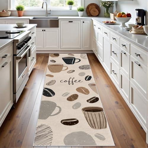Meugesoi Kaffee Küchenteppich 80x180 cm Kaffeetasse Kaffeebohnen Teppich Läufer Moderne Coffee Teppichläufer Flur Waschbar rutschfest, Küchenläufer Teppich für Küche Esszimmer Wohnzimmer