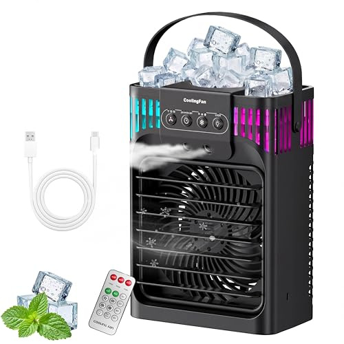 Mobile Klimaanlage, 4-in-1-Klimaanlage Mobil mit Fernbedienung/3 Geschwindigkeiten/3 Nebelmodi/1200-ml-Wassertank/2-8-Stunden-Timer/Nachtlicht, Mini Klimaanlage für Zimmer Wohnung Auto Camping