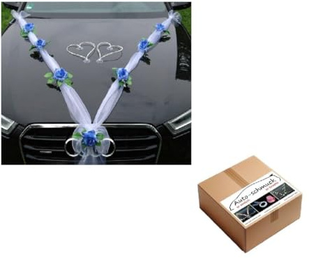 Organza M + Herzen Braut Paar Rose Deko Dekoration Autoschmuck Hochzeit Car Auto Wedding Deko Ratan Girlande ®Auto-schmuck PKW (Hellblau/Weiß/Weiß)