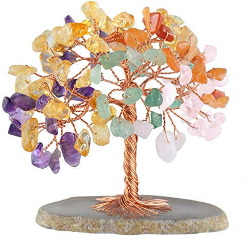 mookaitedecor Naturstein Kristall Baum mit Achat Scheibe Basis | Chakra Stein Handgefertigt Bonsai Geld Baum, Feng Shui Lebensbaum Neutral Tischdekoration für Reichtum Glück Gesundheit
