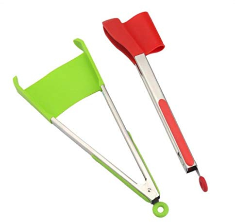 AMOYER 2 in 1 Clever Kitchen Spatula and Tongs Non-Stick Heat Resistant Stainless Steel Frame Silicone Tongs Kitchen Gadget Random Color