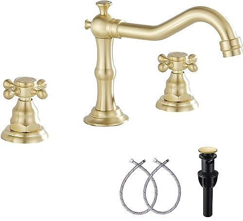 Brushed Gold Bathroom Faucet GGStudy 2 Handles 3 Holes Widespread Bathroom Sink Facuet Farmhouse Washingroom Faucet Mixer Tap