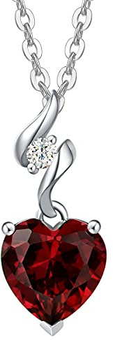 14K Or Blanc Collier Femme 0,035 Ct Diamant Pendentif Forme De Coeur, Grenat Pendentif en Or Blanc Massif Avec Chaîne 925, 8x8mm Janvier Birthstone Collier Beaux Bijoux Cadeau pour les Femmes