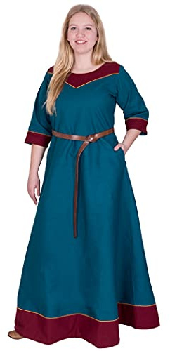 Battle-Merchant Mittelalter Kleid Gesine, Damen, mit Taschen | 3/4-Ärmel, Bodenlang, Canvas, Segeltuch, Baumwolle, Gewandung, Reenactment, LARP & Fantasy Cosplay