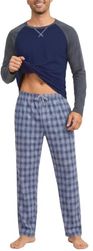 Litherday Pyjama Homme Hiver Coton Chaud Vêtements De Nuit à Manches Longues Col Rond Haut et Pantalon à Carreaux Confortable Doux