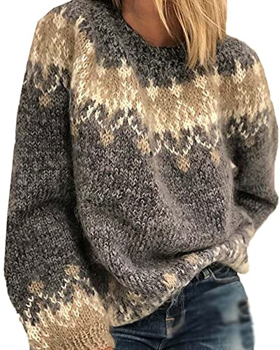BeerMmay Damen Herbst Winter Rundhals Casual Lose Mohair Grobstrick Jacquard Damen Pullover, grau, L