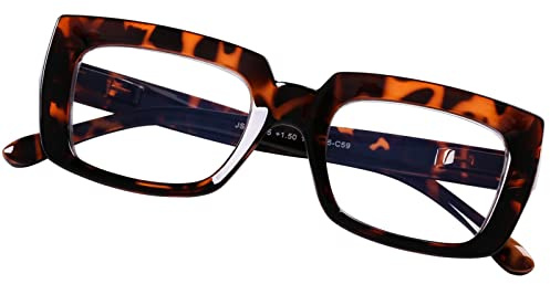 DOOViC Modern Lesebrille Blaulichtfilter Großes Rechteckig Schräg Gestell | Federscharnier Computerbrille Brille mit Sehstärke für Damen/Lesen/Buch (5 Farben)