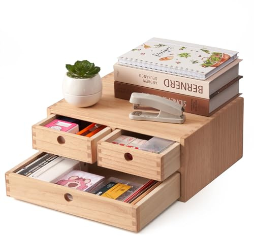 KIRIGEN Skrivbordsorganisatör av trä kontorsmaterial förvaring snyggt förvaringsställ skåp smycken arrangör med 3 lådor natur