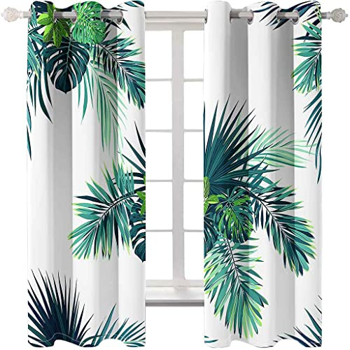 PVMLVM Rideaux Occultants Chambre 3D Feuilles Vertes Tropicales Imprimé Rideau À Oeillets, Salon Et Chambre Enfant Décoration De Fenêtre 220x215cm 2 Panneaux Isolant Thermique Et Phonique Rideaux
